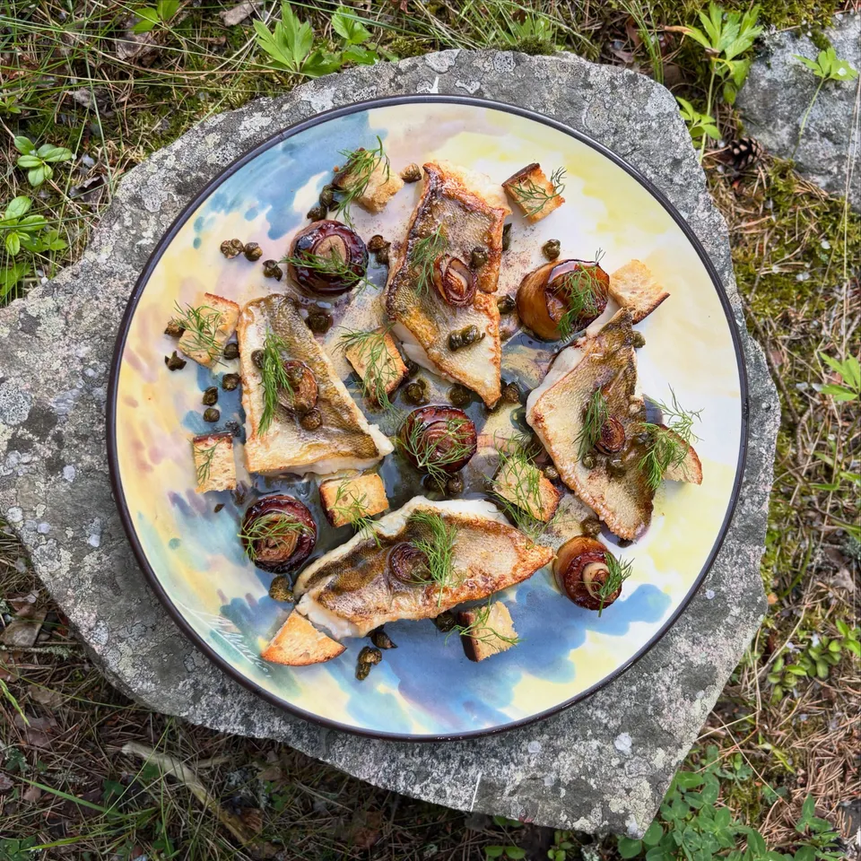 Pan-seared pike-perch with glazed parsnips and beurre noisette